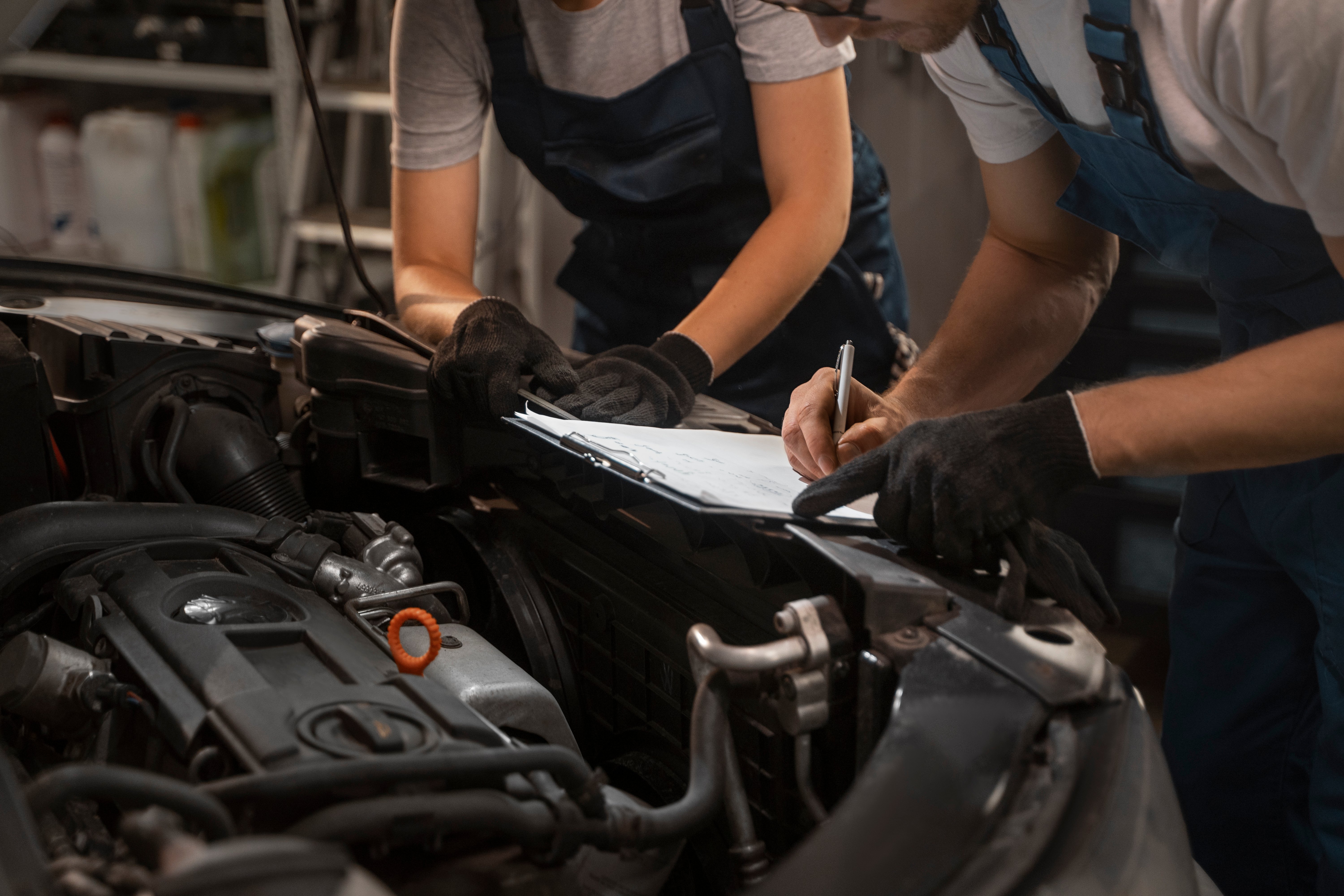 mecanicos-masculinos-femeninos-que-trabajan-tienda-automovil